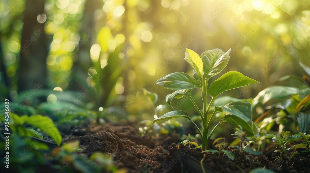 A green plant flourishing in a sunlit forest, embodying growth, nature, and a pristine natural environment.. A green plant flourishing in a sunlit forest, embodying growth, nature, and a pristine natural environment..