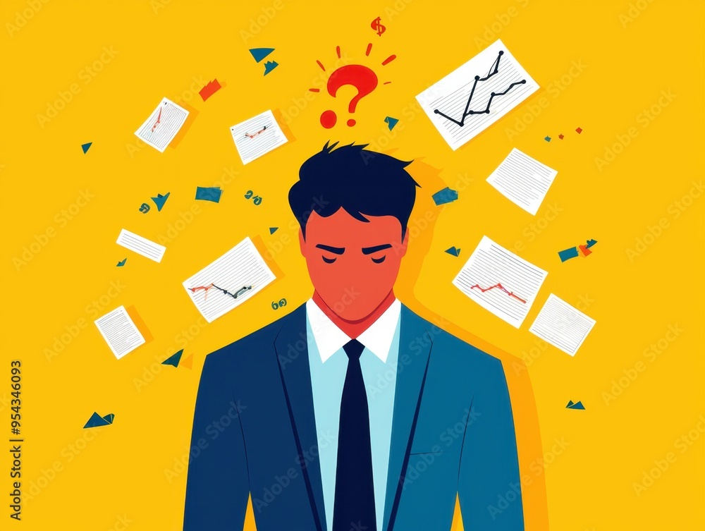 A puzzled businessman surrounded by question marks and analytics, representing confusion in decision-making and data analysis. A puzzled businessman surrounded by question marks and analytics, representing confusion in decision-making and data analysis.