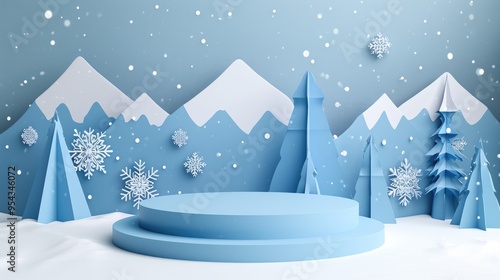 Obraz na płótnie Empty round podium with paper mountains and snowflakes for winter-themed product display branding w salonie