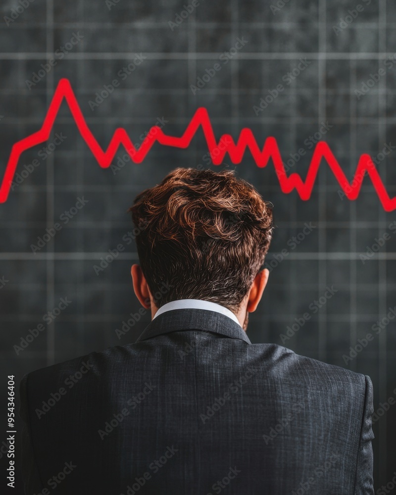 A businessman evaluates a declining graph, reflecting concern over market trends and economic performance. A businessman evaluates a declining graph, reflecting concern over market trends and economic performance.