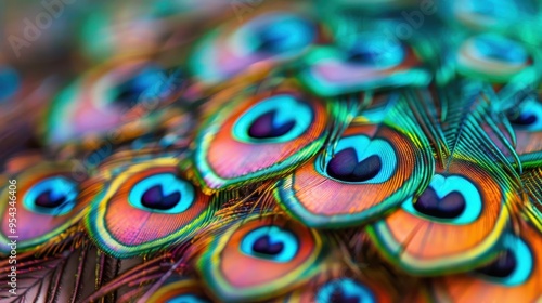 Vibrant Peacock Feather Texture, a mesmerizing close-up of colorful peacock feathers showcasing intricate patterns and rich hues, perfect for an animal-themed backdrop.