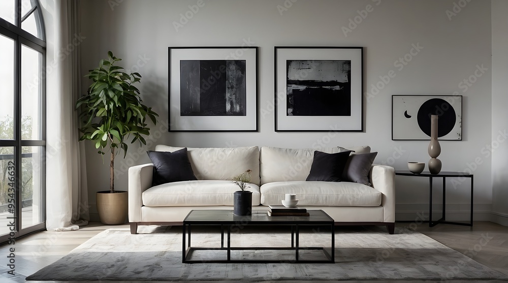 Fototapeta premium Artful Contrast: Grunge Coffee Table, Arched Window, and Minimalist Living Room
