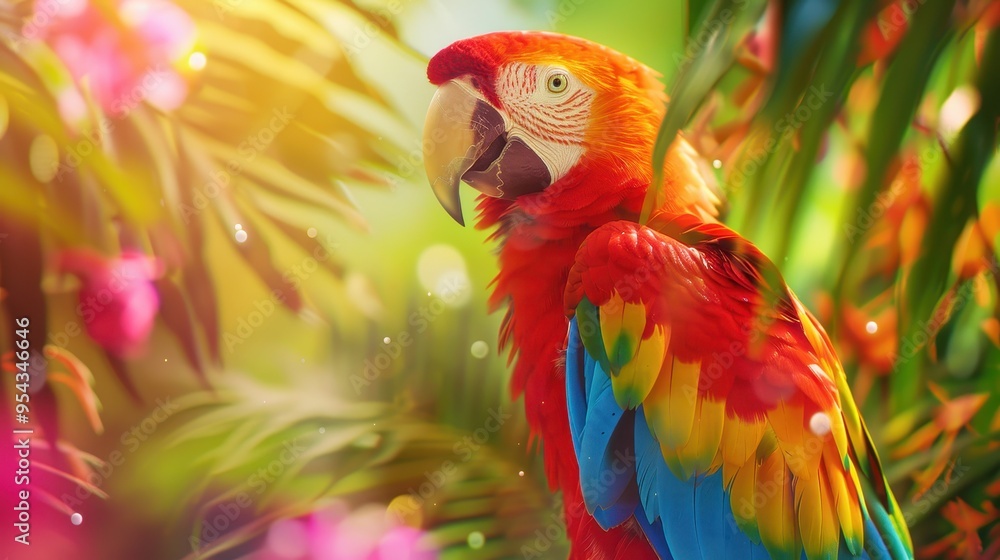 Obraz premium Vibrant Parrot Wallpaper, a stunning display of colorful feathers and intricate details, perfect for enhancing your digital space with a tropical flair and lively ambiance.