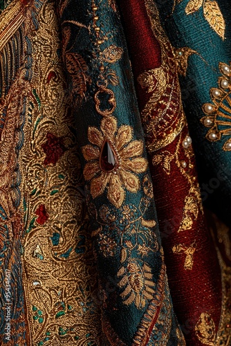 Intricate Gold Embroidery on Blue and Red Fabric with Gemstone Detail