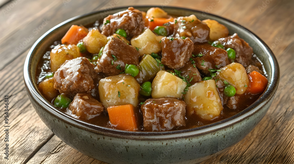 Delicious Beef Stew with Potatoes Carrots and Peas in a Bowl Delicious Beef Stew with Potatoes Carrots and Peas in a Bowl
