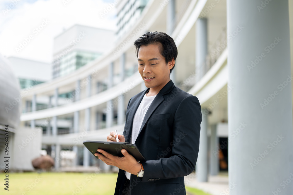 A successful Asian businessman is using his digital tablet while standing in an outdoor hallway. A successful Asian businessman is using his digital tablet while standing in an outdoor hallway.