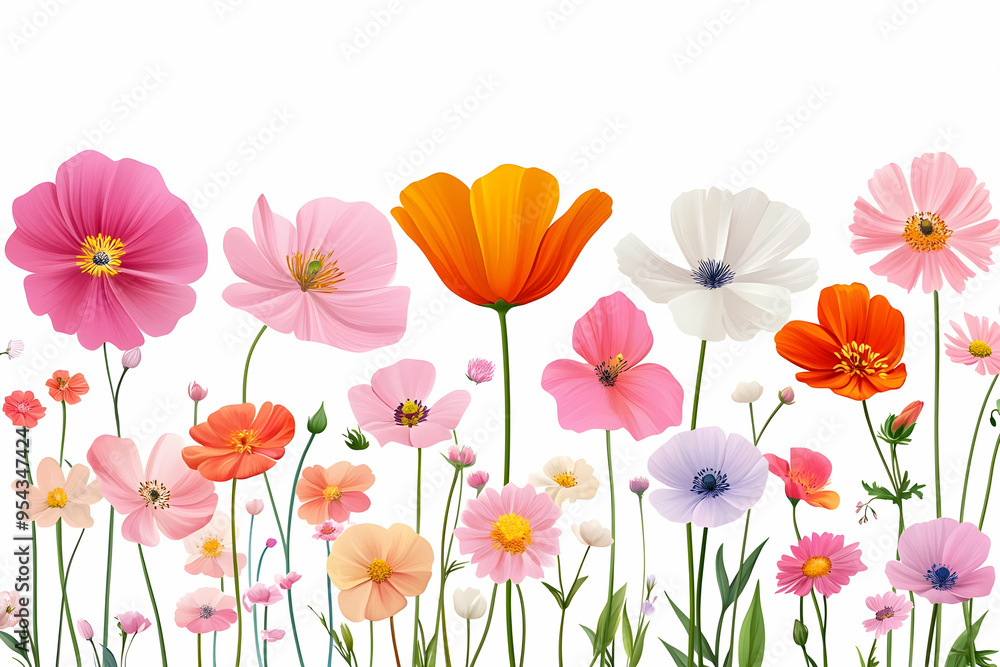 Colorful Wildflowers Blooming in a Field Isolated on White Background Colorful Wildflowers Blooming in a Field Isolated on White Background