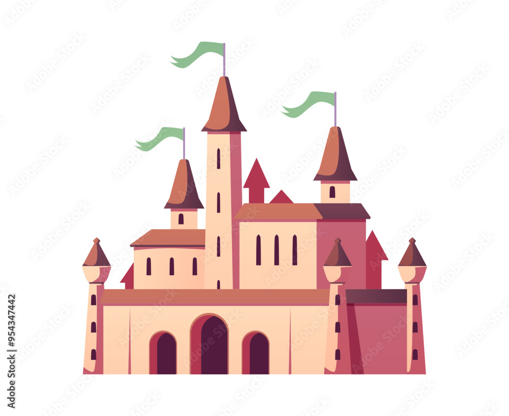 Vector illustration of an old fantastic castle with towers, flags, windows on a white background. Vector illustration of an old fantastic castle with towers, flags, windows on a white background.