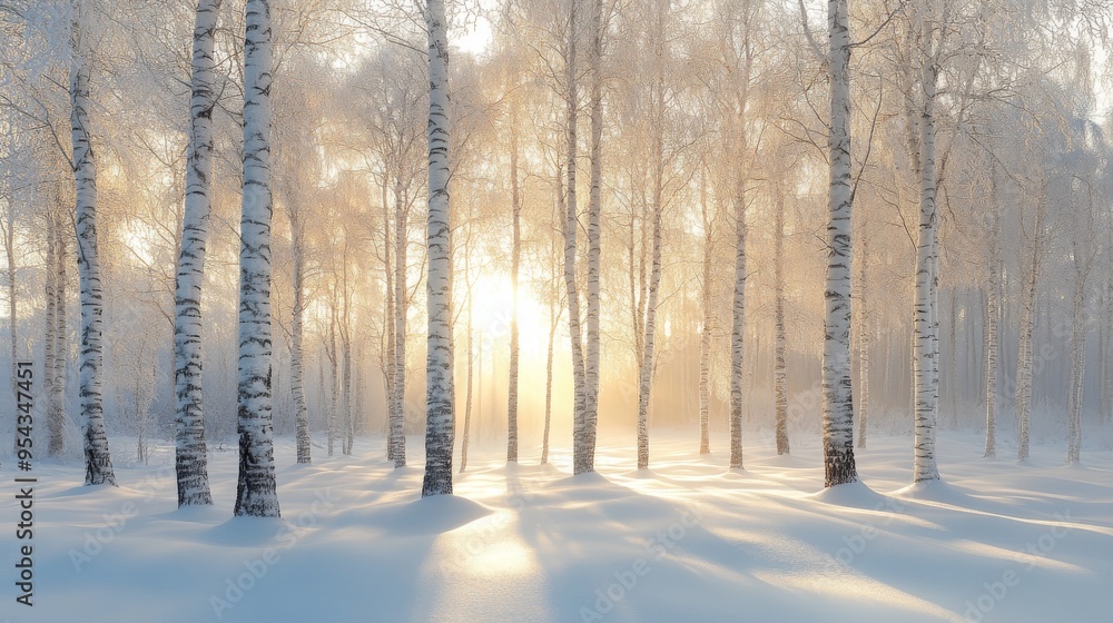 Sunlit Birch Trees in a Snowy Forest Sunlit Birch Trees in a Snowy Forest