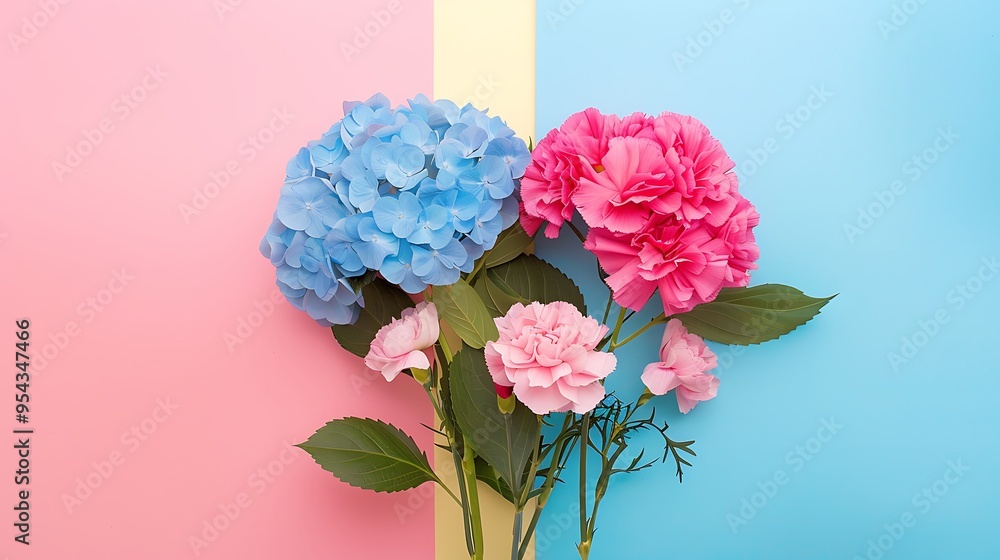 Obraz premium A bouquet of blue hydrangeas and pink carnations isolated on colorful background