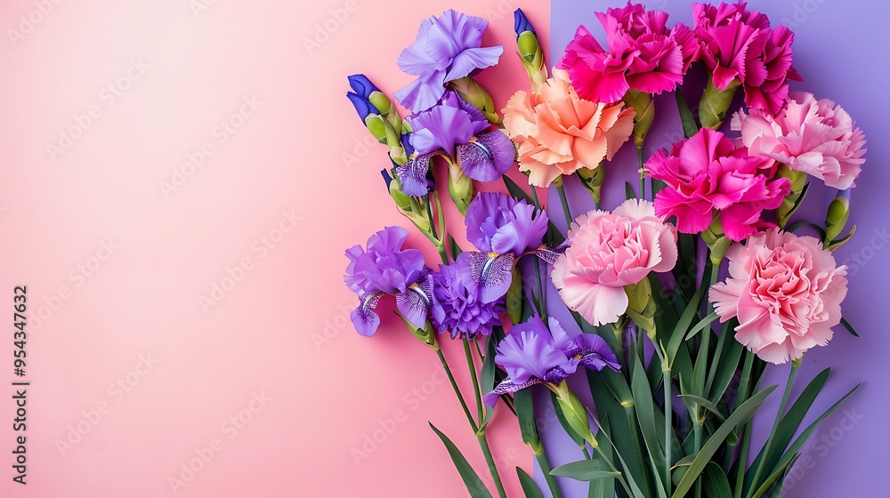 A bouquet of carnations and irises isolated on colorful background A bouquet of carnations and irises isolated on colorful background