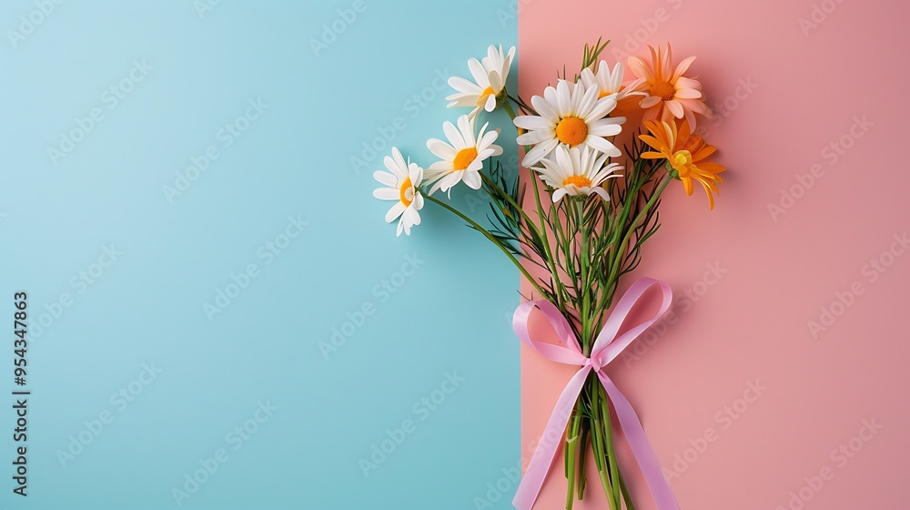 A bouquet of daisies tied with a ribbon isolated on colorful background A bouquet of daisies tied with a ribbon isolated on colorful background