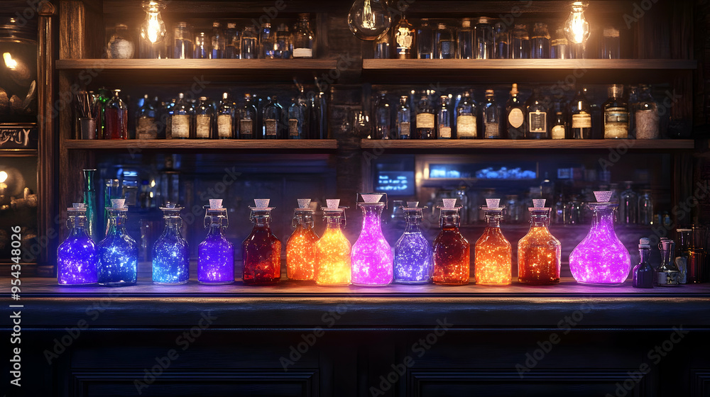 Glowing Potion Bottles on Wooden Bar Counter Glowing Potion Bottles on Wooden Bar Counter