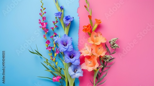 A bouquet of gladiolus and delphinium isolated on colorful background photo