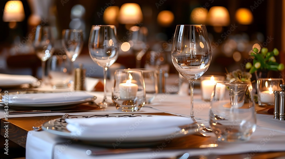 Fototapeta premium Close-up shot of a beautifully set table with gleaming glassware, elegant cutlery, and flickering candlelight creating a warm ambiance for a fine dining experience.