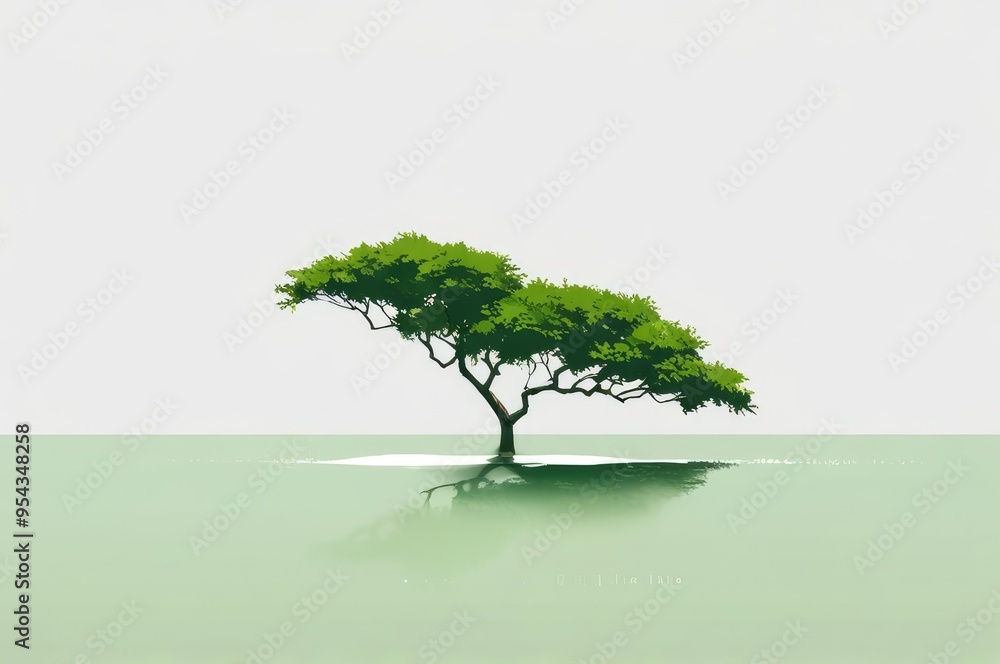 Serene Green: Minimalist Tree Reflection Art Serene Green: Minimalist Tree Reflection Art