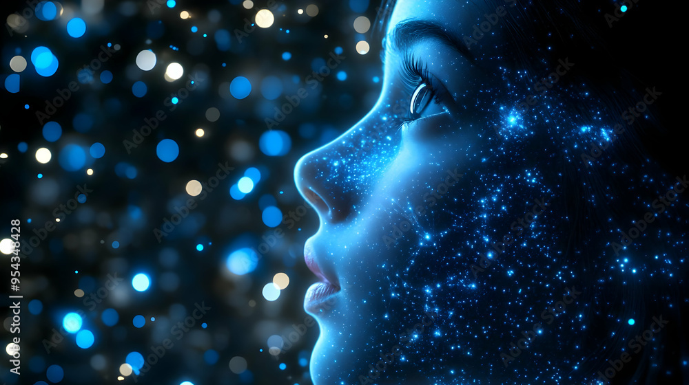 Woman s Face Glowing with Blue Lights and Stars Woman s Face Glowing with Blue Lights and Stars