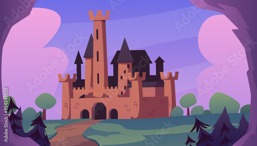 Landscape of medieval kingdom in forest vector flat illustration, road to fairy tale fortress castle, mansion, chateau