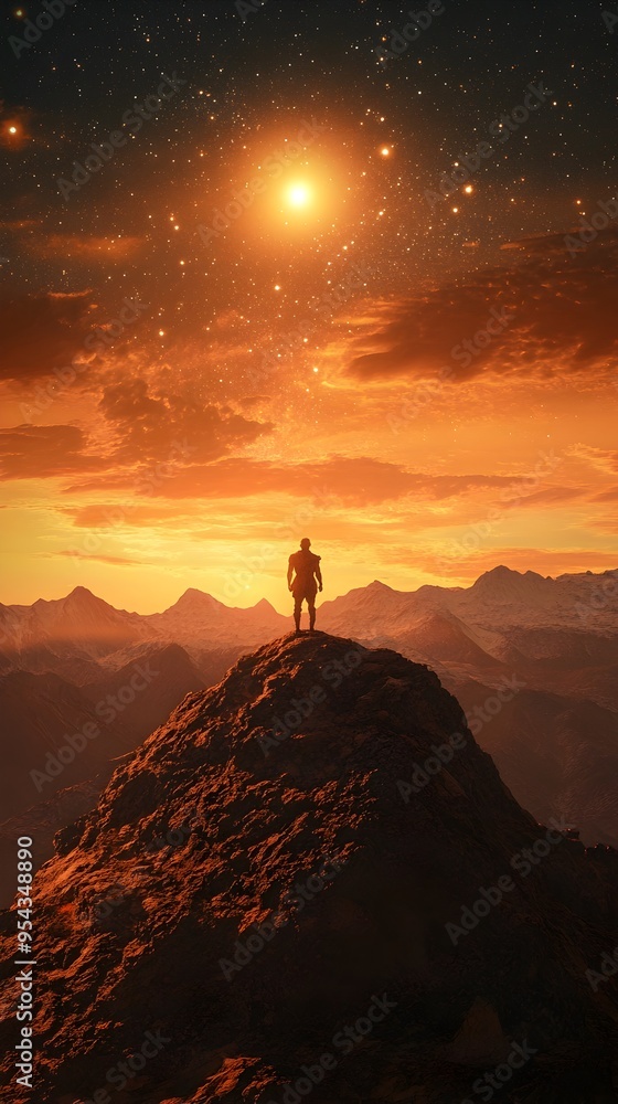 Majestic Greek Deity Apollo Stands Tall on a Glowing Mountaintop Bathed in a Golden Sunset with Sparkling Stars Emerging in the Dreamy Ethereal Landscape Majestic Greek Deity Apollo Stands Tall on a Glowing Mountaintop Bathed in a Golden Sunset with Sparkling Stars Emerging in the Dreamy Ethereal Landscape