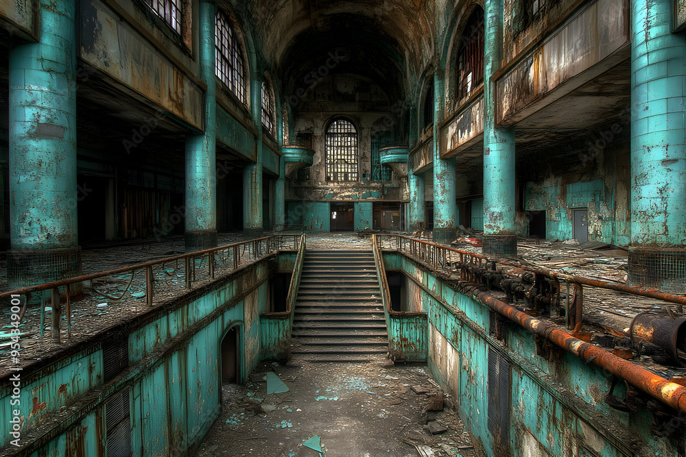 Fototapeta premium Abandoned Building Interior with Rusted Pipes and Turquoise Walls