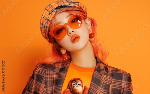 A young Korean woman with orange hair is wearing orange-black plaid flat caps and matching suits, orange sunglasses, orange glossy lipstick, and orange round earrings.
