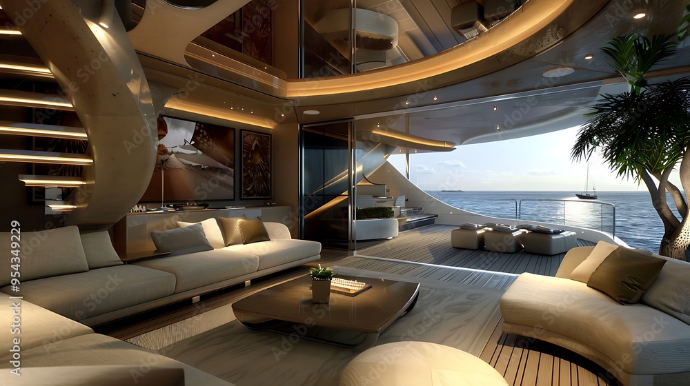 Fototapeta premium Modern luxurious interior design of a yacht with a stunning ocean view.