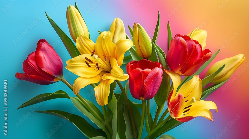 A bouquet of yellow lilies and red tulips isolated on colorful background A bouquet of yellow lilies and red tulips isolated on colorful background