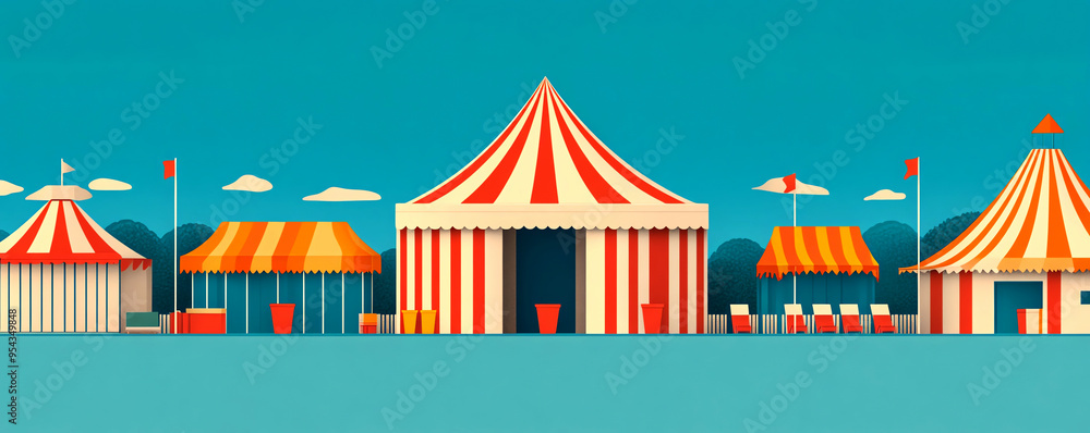Colorful circus tents under a bright blue sky, perfect for carnival themes and fun festivities. Colorful circus tents under a bright blue sky, perfect for carnival themes and fun festivities.
