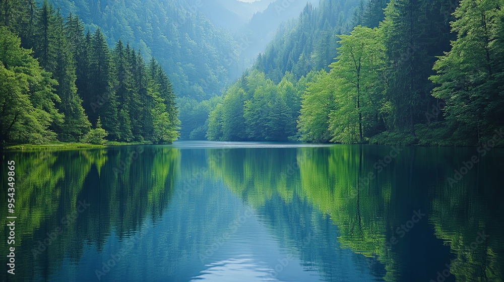 Serene Lake Reflects Lush Green Forest in Tranquil Valley Serene Lake Reflects Lush Green Forest in Tranquil Valley