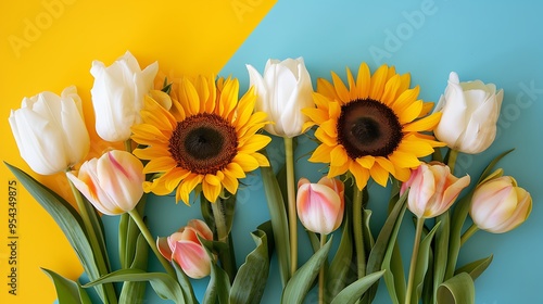 A bouquet of yellow sunflowers and white tulips isolated on colorful background