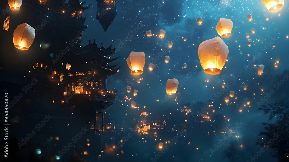 Fototapeta premium Dreamy Floating Lanterns Blending Tradition and Futuristic Innovation in Starry Night Sky Glowing shapes changing and hovering in a tranquil
