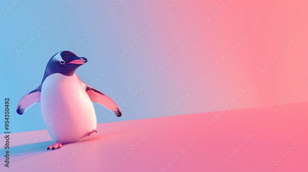 Fototapeta premium A charming penguin sliding on a pink and blue gradient background