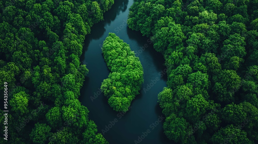 Winding River Flows Through Lush Green Forest, Aerial View Winding River Flows Through Lush Green Forest, Aerial View