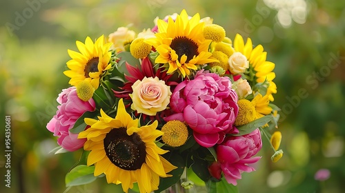 Fototapeta Naklejka Na Ścianę i Meble -  A cheerful bouquet of sunflowers and peonies