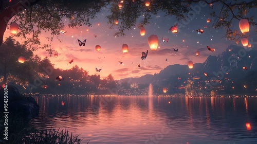 A serene and futuristic lake scene in 2050 where glowing lanterns float above the water accompanied by delicate digital butterflies and twinkling stars