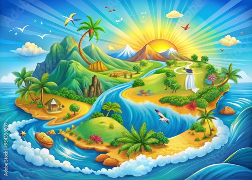 Vibrant illustration of Maui, Hawaii, featuring a colorful map with tropical beaches, waterfalls, palm trees, and photo