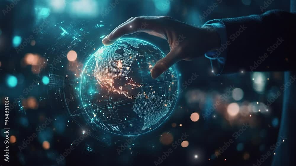 Business technology concept. Businessman touching a digital hologram of a globe. Global business and connectivity. Futuristic technology concept for global business. Business technology concept. Businessman touching a digital hologram of a globe. Global business and connectivity. Futuristic technology concept for global business.