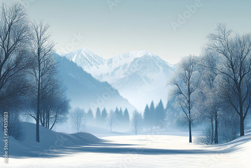 Beautiful tree in winter landscape in late evening in snowfall, Beautiful winter panorama photo