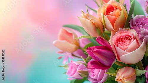 Fototapeta Naklejka Na Ścianę i Meble -  A classic bouquet of roses and tulips isolated on colorful background