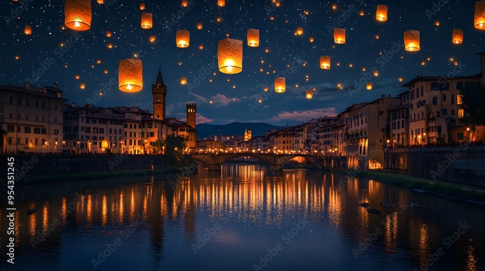Fototapeta premium Mystical Festa della Rificolona with Glowing Lanterns Floating Above the Arno River Reflecting on the Water Under a Sky Full of Twinkling Stars in Florence Italy