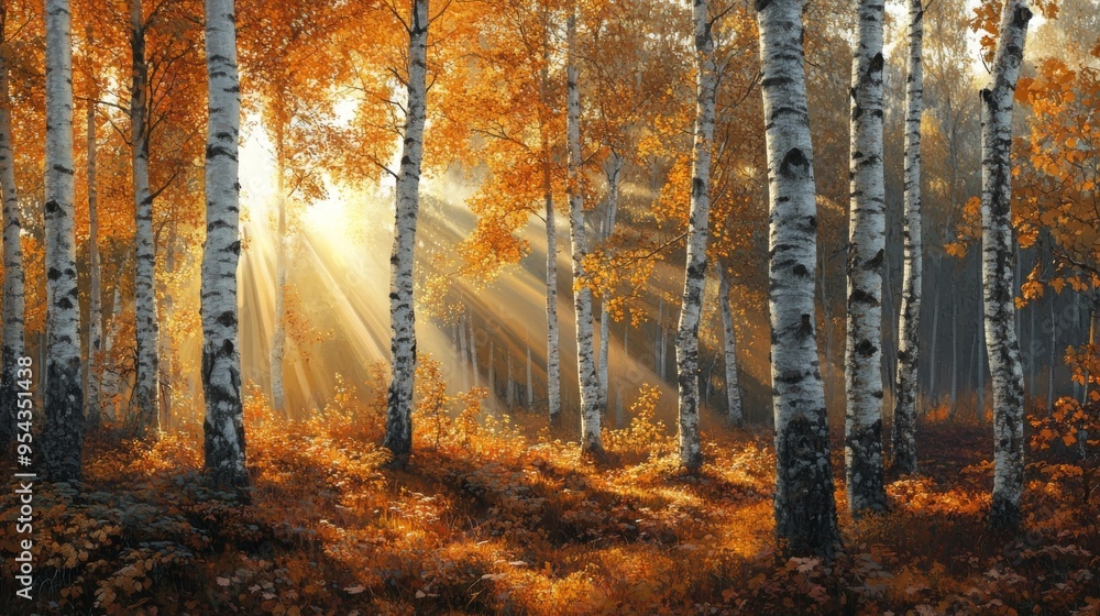 Obraz premium Sunlight Streaming Through Birch Trees in an Autumn Forest