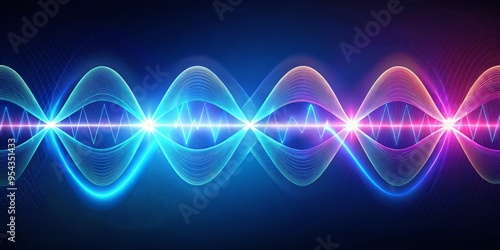 Vibrant illustration of UVA, UVB, and UVC electromagnetic wave frequencies on a dark blue background with wavy lines photo