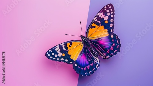 A colorful butterfly flitting isolated on pink and purple background