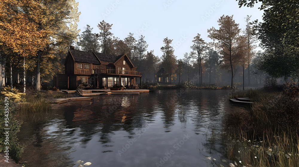 Rustic Cabin by the Lake in Autumn Forest Rustic Cabin by the Lake in Autumn Forest