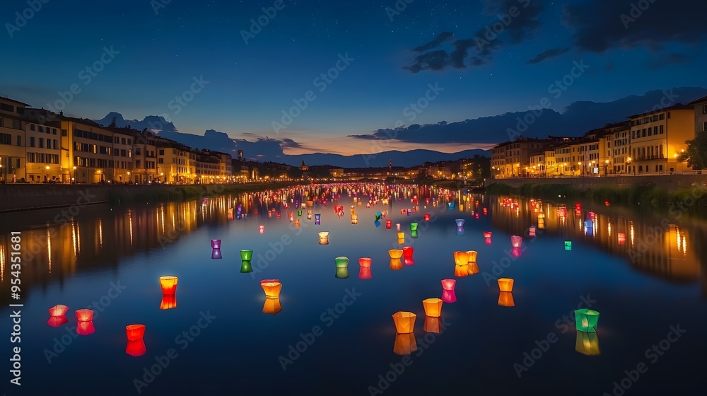 Colorful lanterns of the Festa della Rificolona festival floating along the serene Arno River in the enchanting twilight creating a dreamy and whimsical atmosphere under the starry night sky Colorful lanterns of the Festa della Rificolona festival floating along the serene Arno River in the enchanting twilight creating a dreamy and whimsical atmosphere under the starry night sky