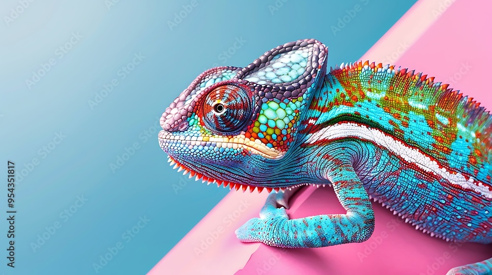 A colorful chameleon blending into a pink and blue background A colorful chameleon blending into a pink and blue background