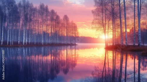 Silhouetted Birch Trees Reflecting on a Misty Lake at Sunset