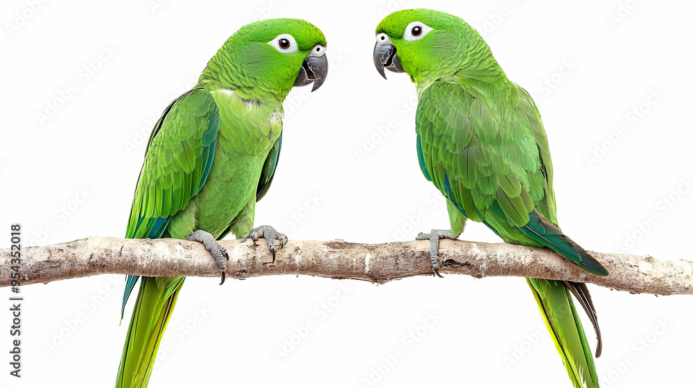 Two Green Parrots Perched on a Branch Isolated on White Background Two Green Parrots Perched on a Branch Isolated on White Background