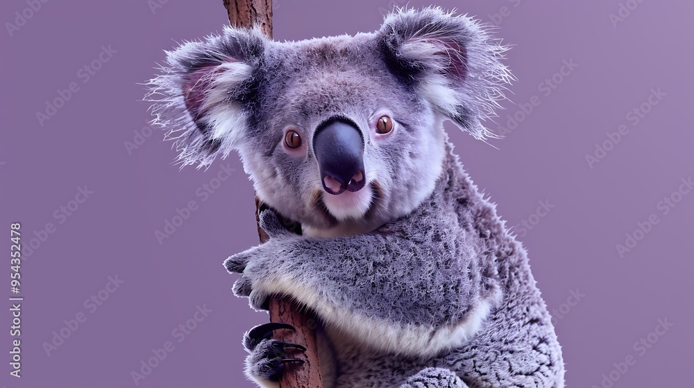 Obraz premium A cuddly koala clinging to a branch isolated on a purple background