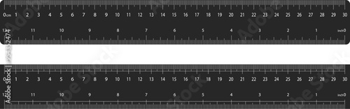 Set of Black Ruler Flat icons. Size, height, distance ruler vectors. Measure length web signs. Horizontal scale with 12 inch and 30 centimeter markup and numbers isolated on transparent background.